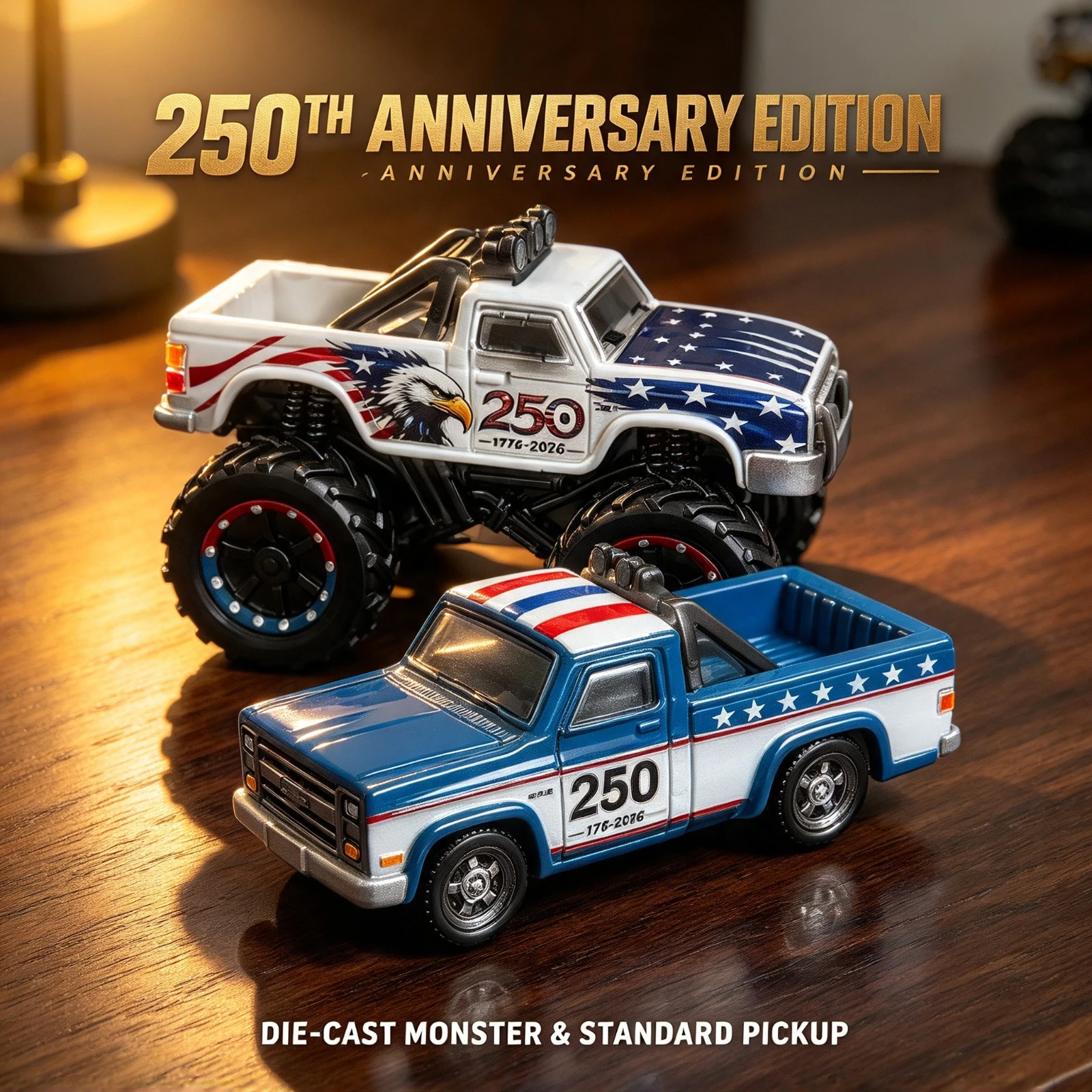 Die Cast Monster Truck 250th Ornament Anniversary American Flag Eagle Pickup Car Model Vehicle Toy Gift For Kids Boys Collection