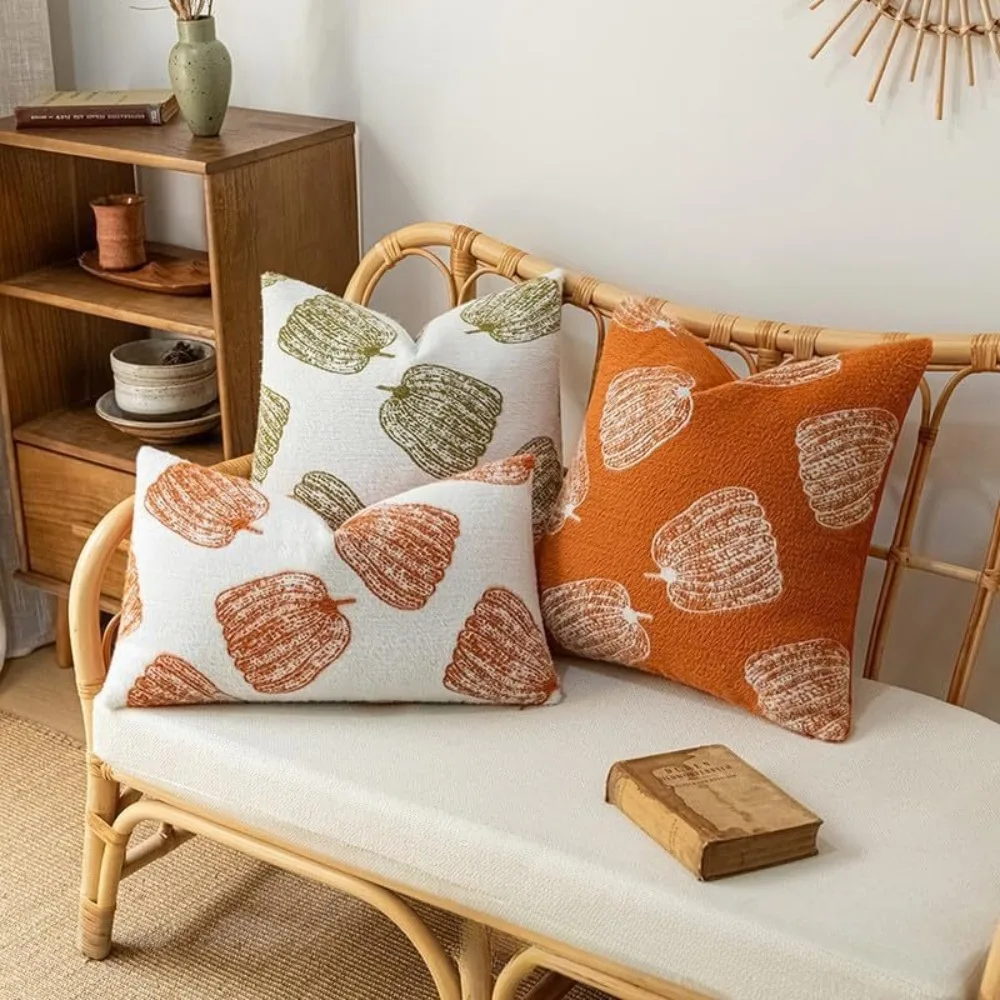 45×45cm Halloween Pillow Cover Plush Soft Pumpkin Themed Pillow Cover Country Cottage Pillowcase for Home Sofa Halloween Decor