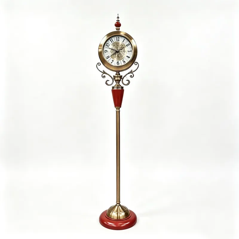 Vintage Tall Floor Clock with Red Solid Wood Base and Carved Metal Frame Classic Standing Timepiece for Living Room Home