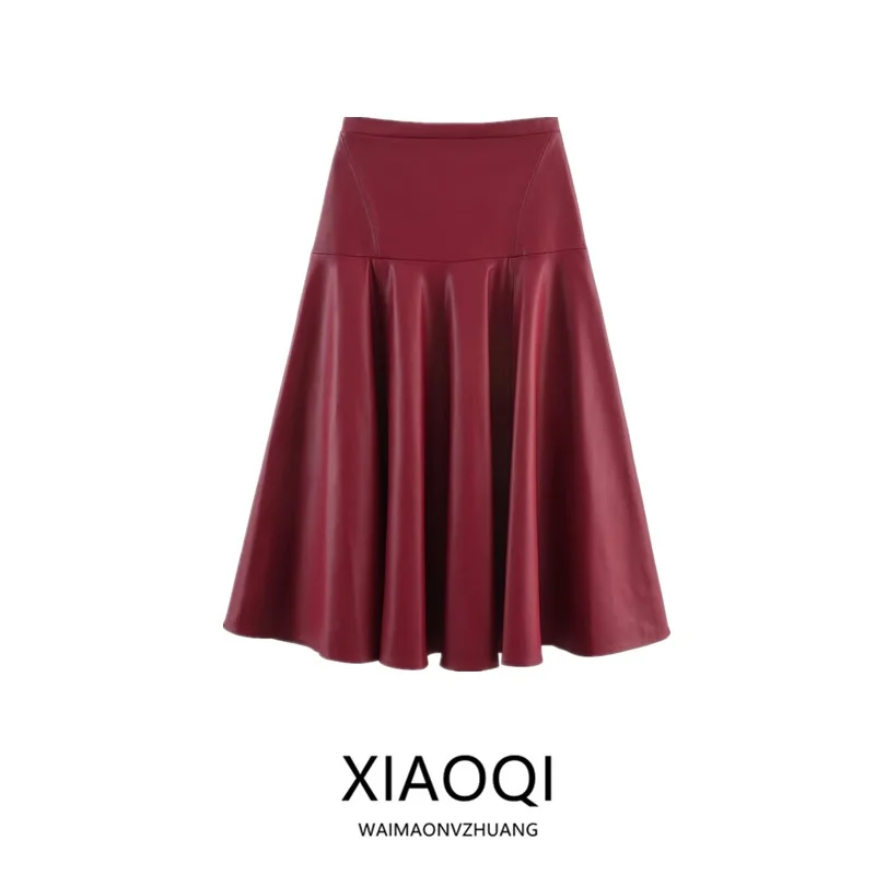 

Autumn 2025 New Women's Midi Length Faux Leather A-Line Skirt mid Waist Design Casual Sle Stand Fit Faion Trend