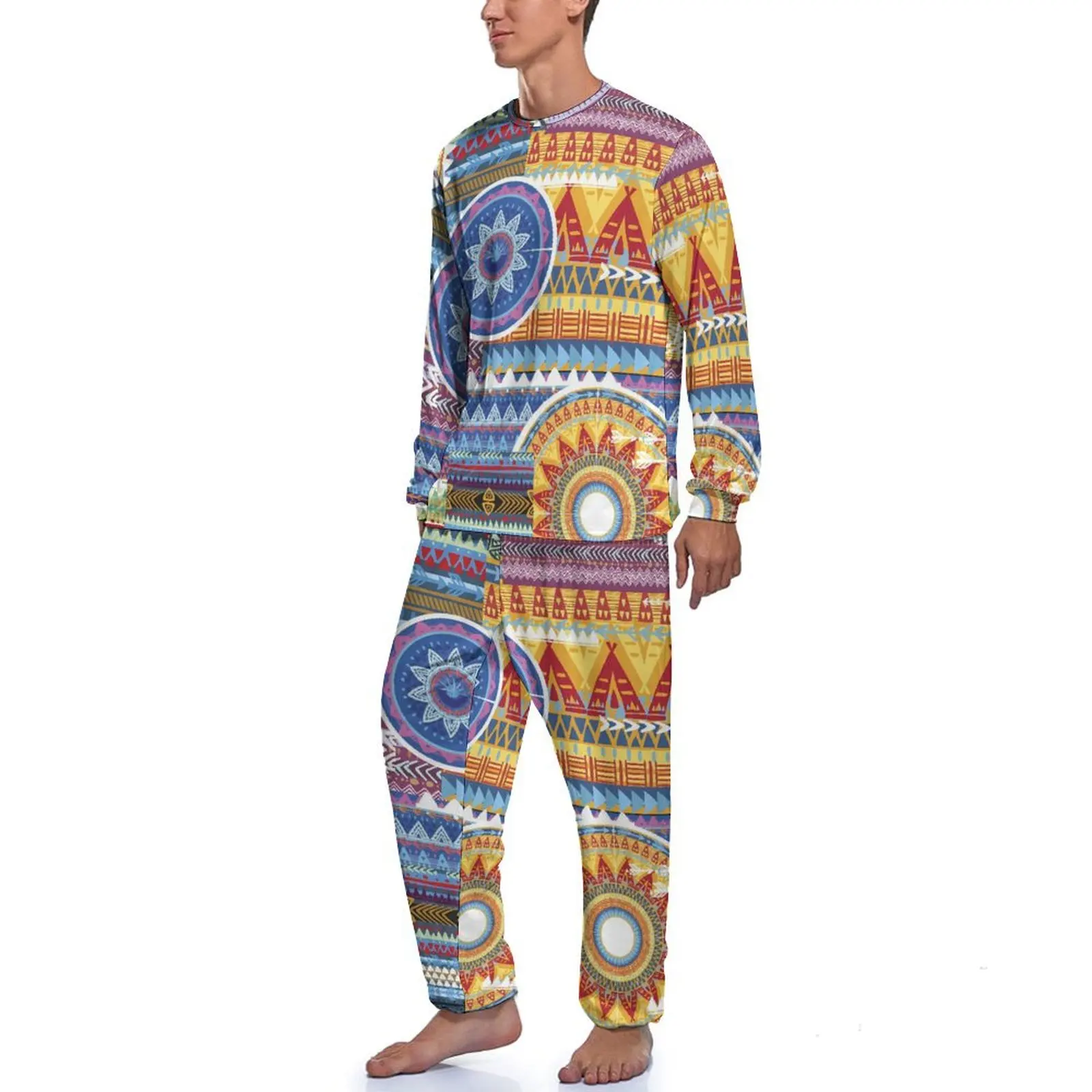 Vintage Tribal Pajamas Autumn 2 Pieces Abstract Art Romantic Pajama Sets Men Long Sleeves Sleep Graphic Sleepwear