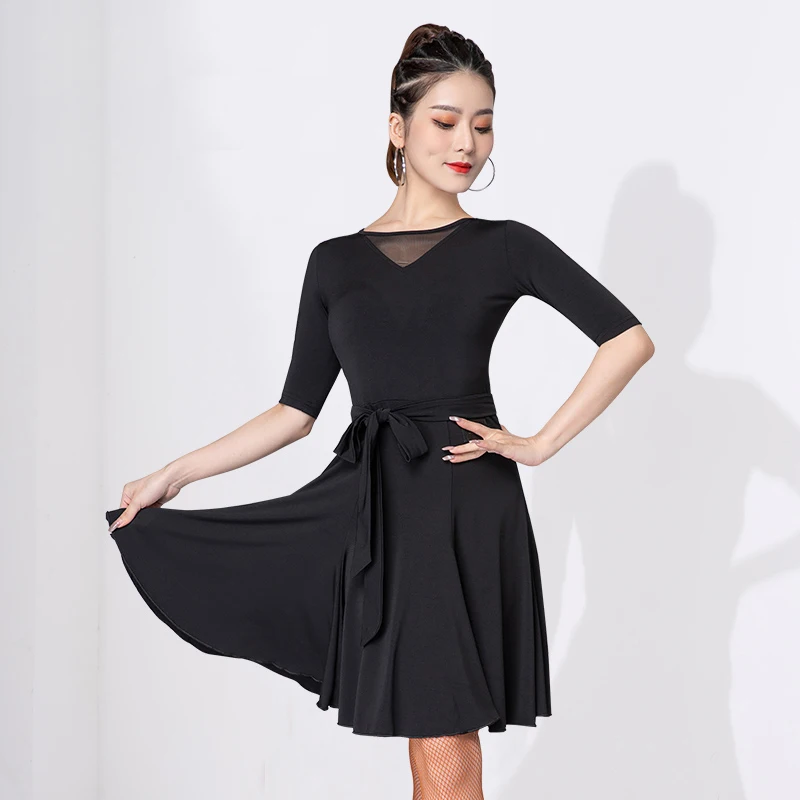 

2023 New Latin Dance Dress For Women Mid Sleeved Practice Clothes Chacha Rumba Tango Female Adult Latin Dance Costumes DQL8491