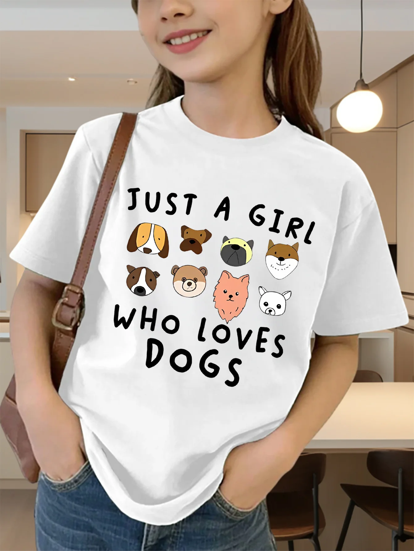 Cute Girl Who Loves Dogs Puppy Print Graphic Kids Tee Boys Girls Family Matching Cotton Crew Neck Short Sleeve Soft Summer Tee