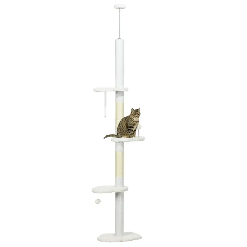 

PawHut Floor to Ceiling Cat Tree with Scratching Posts, 88.justable Height, Cat Climb, Anti-toppling Device, White