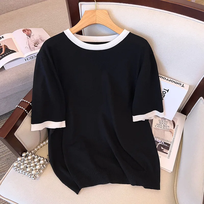 6XL7XL  Women Summer Clothing Big Size Women Clothing Icy Silk Knitted Women T Shirts Shows Thin 100/150/175kg Short Sleeve Tops