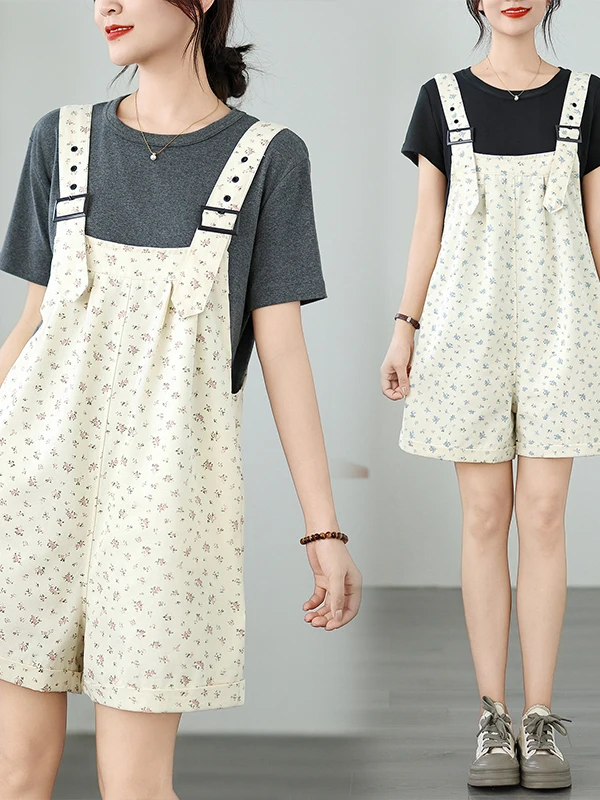 

Summer Floral Print Bib Overalls Slim Fit Casual Jeans Women's plus Size Wide Leg Pants l Waist ort orts