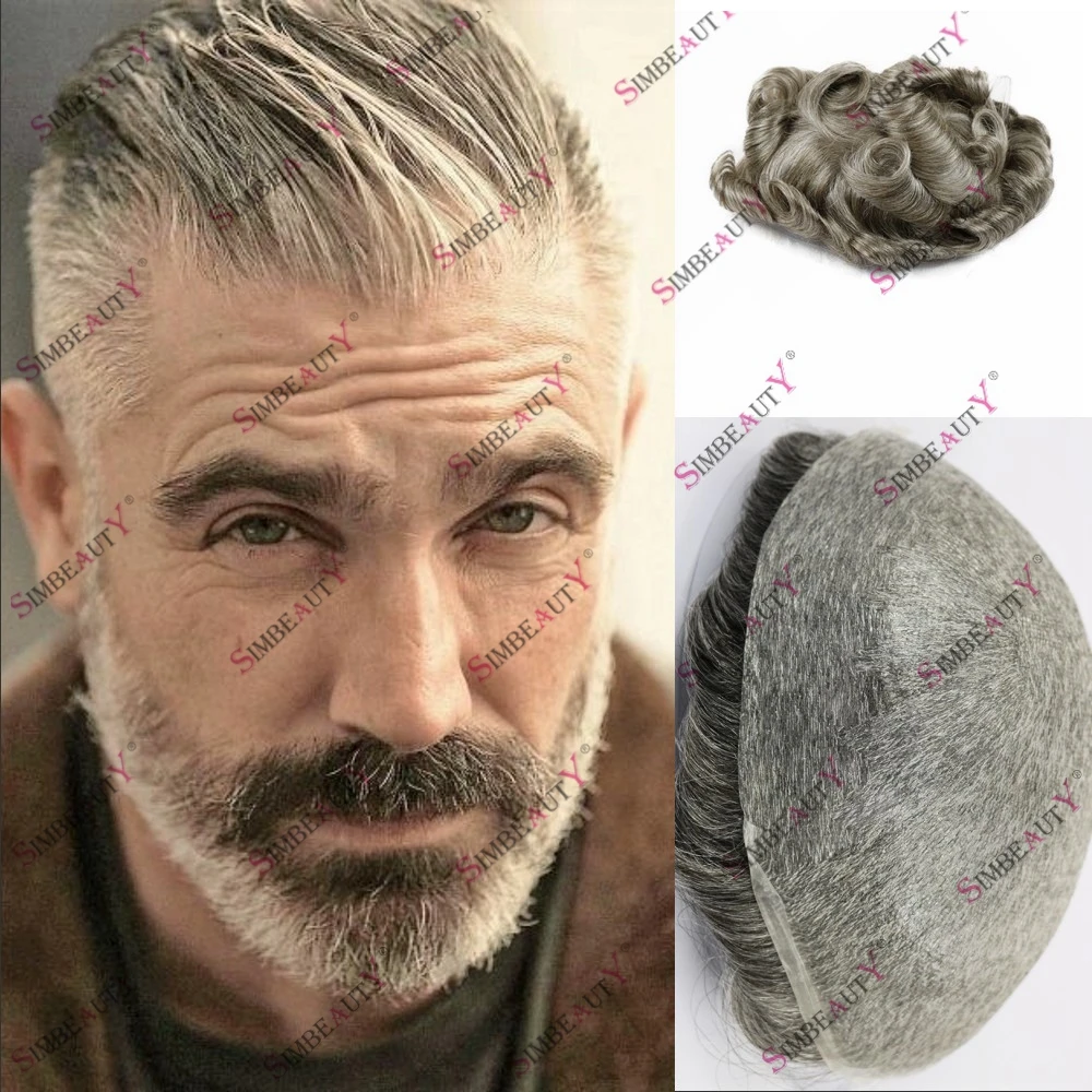 1B65 Gray Human Hair Thin Skin Natural Hairline A Contour Male Hair Replacement System Light Density Men's Wig 0.02mm Poly Skin