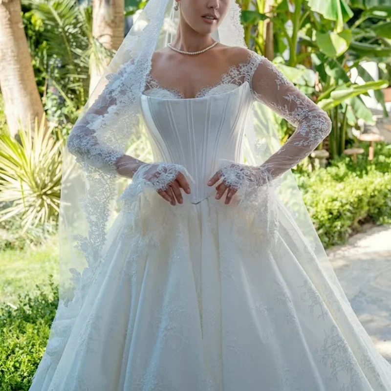 White Wedding Dresses The corset Lace off-shoulder Bridal Gowns A-line skirt long sleeves Long tail multi-layer Made ﻿Customize
