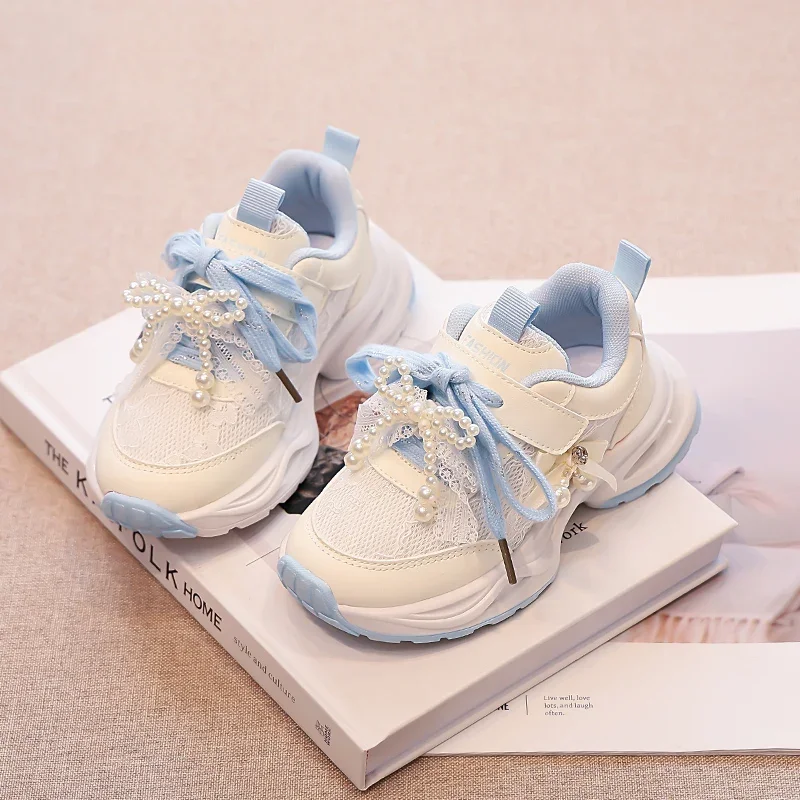 2025 Autumn New Kids Running Shoes Princess Style Girls Casual Sneakers Sweet Lace Bows Beading Children Sports Shoes Hook&loop