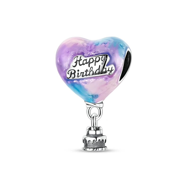 Silver 925 Birthday Cake Pink Gradient Heart Hot Air Balloon Pendant Charms Beads Fit Bracelet DIY Jewelry Gift for Women
