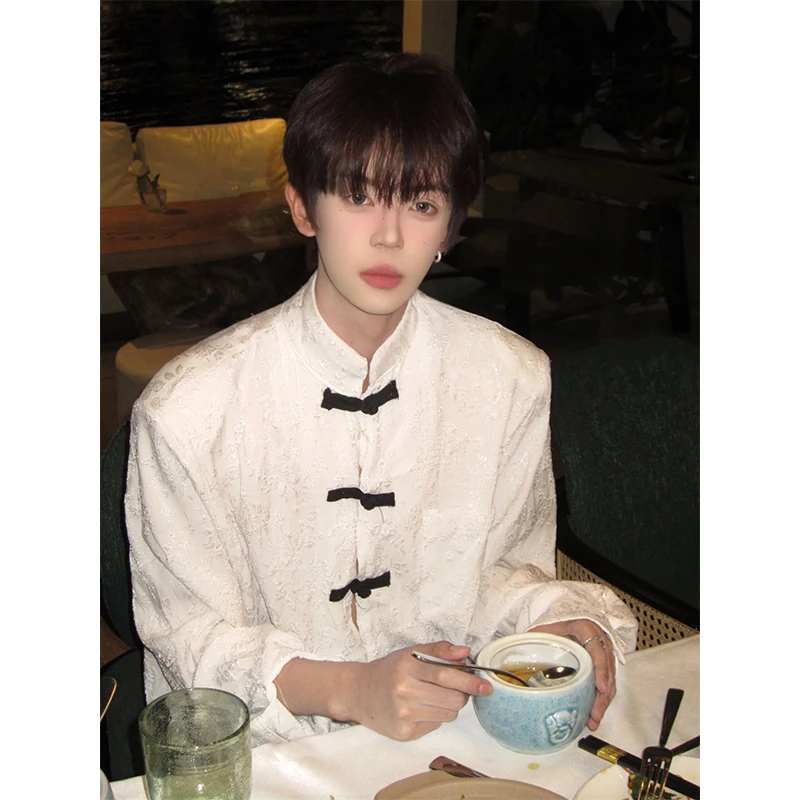 

Новая китайская мужская рубашка с длинным рукавом, воротником-стойкой, вышивкой и пуговицами, в стиле танского костюма, высококачественная модная верхняя одежда в стиле ханьфу