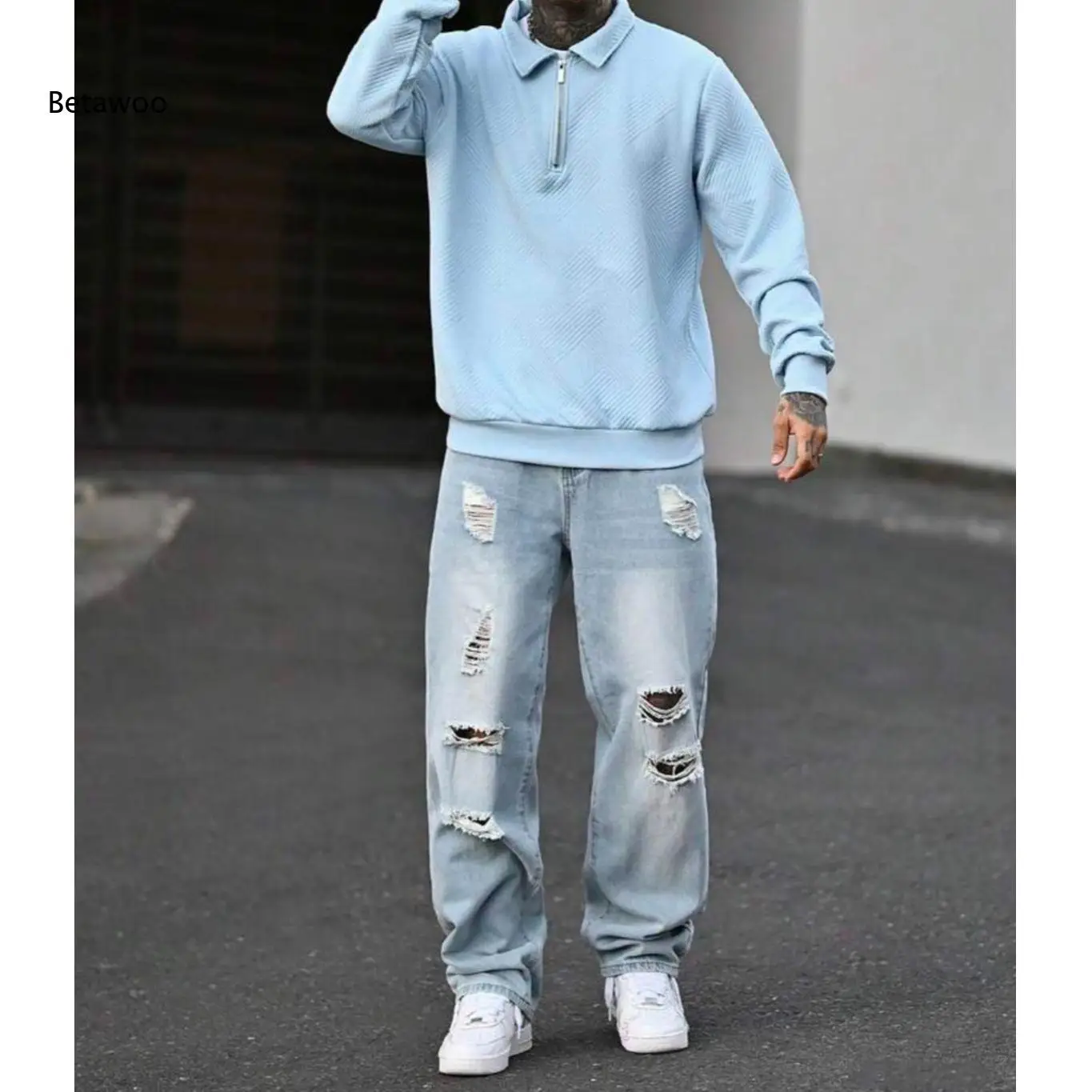 Men Light Blue Baggy Denim Jeans Distressed Multi Ripped Frayed Hole Design Loose Wide Leg Pants For Street Casual Daily Outfits