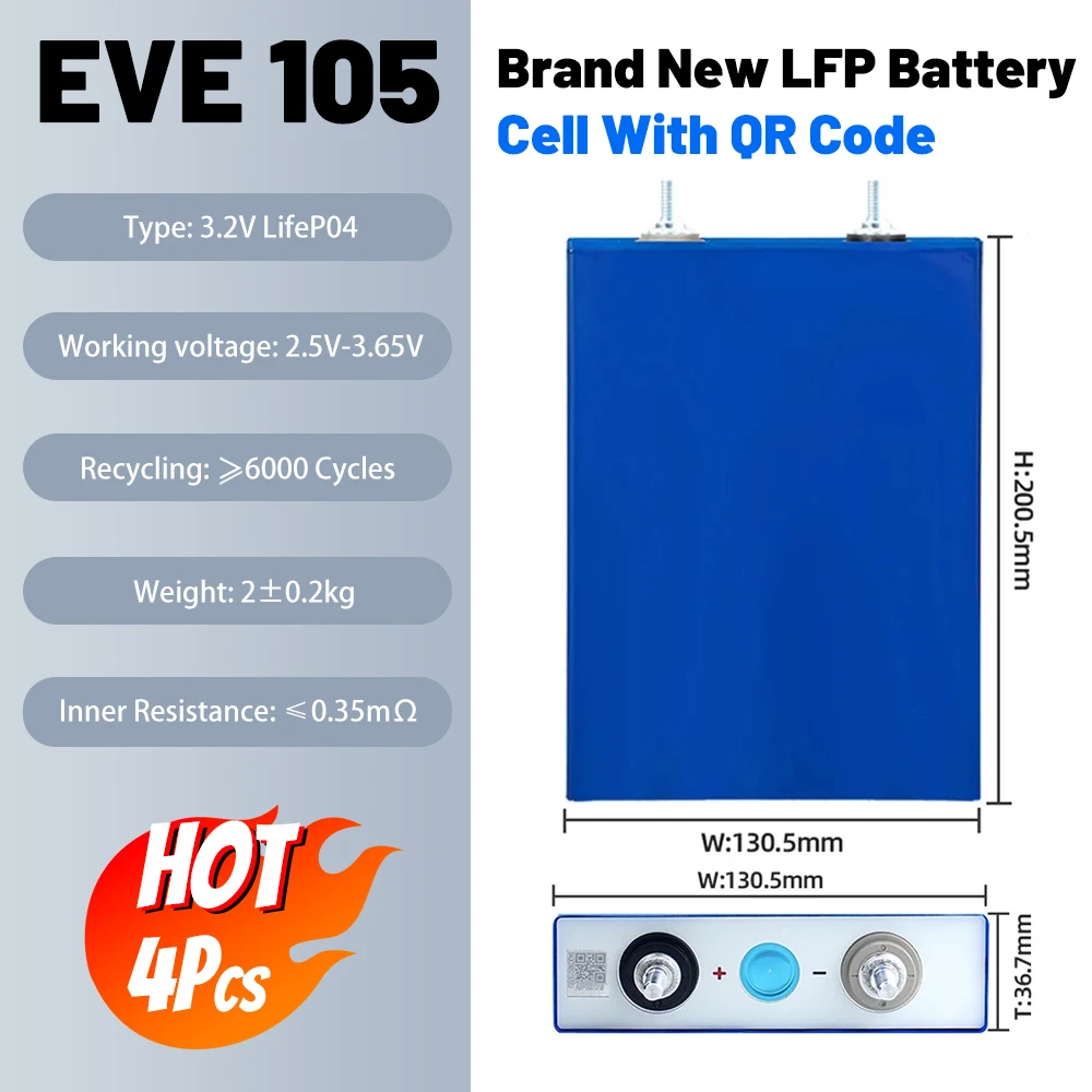 EVE 3.2V 105AH LiFePO4 Battery QR Max 6000+ Cycles Grade-A DIY 12V 24V 48V Lithium Iron Phosphate Battery with Studs UA NO Tax