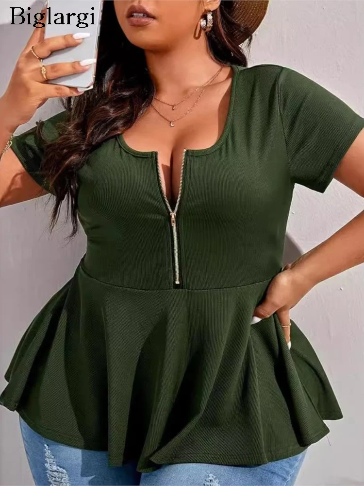 

Plus Size Summer Short Sleeve Tops Women Slim Bodycon Sexy Fashion Ruffle Ladies Cropped Blouses Pleated Woman Tops