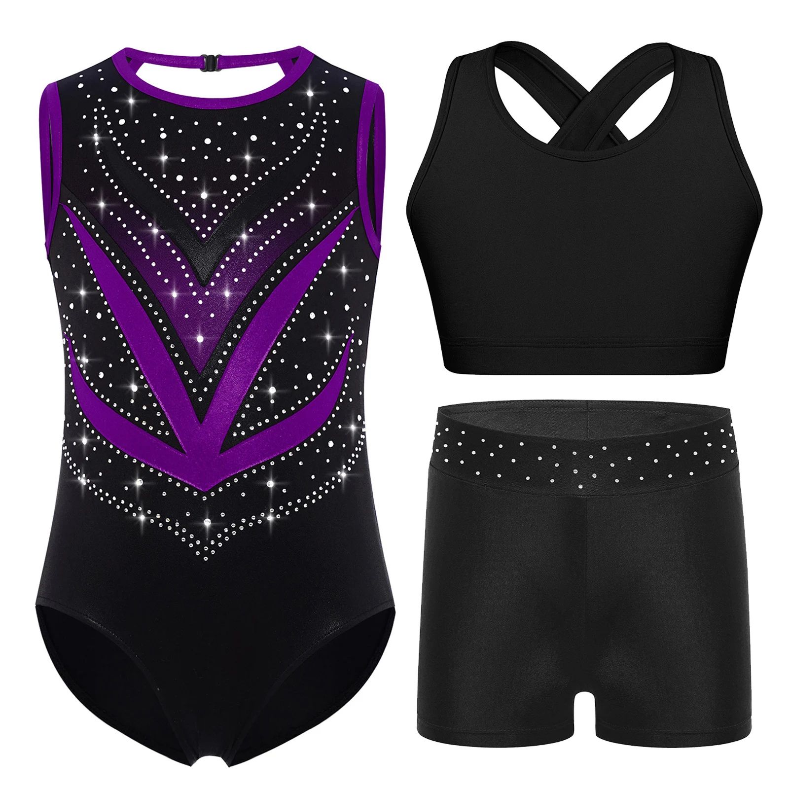 3Pcs Kids Girls Gymnastics Figure Skating Outfit Crisscross Cutout Back Mesh Patchwork Shiny Rhinestones Leotard+Vest+Shorts Set
