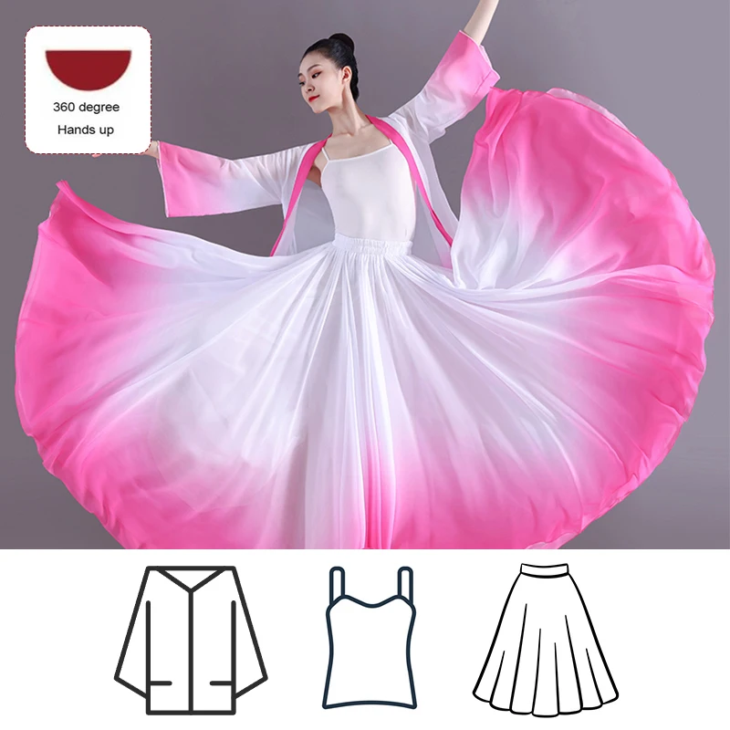 NONE 3-teiliges Set Damen Elegantes Klassisches Tanzkleid mit Oberteil, Trägerkleid, Volkstanz-Farbverlauf-Tanzrock, Ballett-Tanzkostüm 3