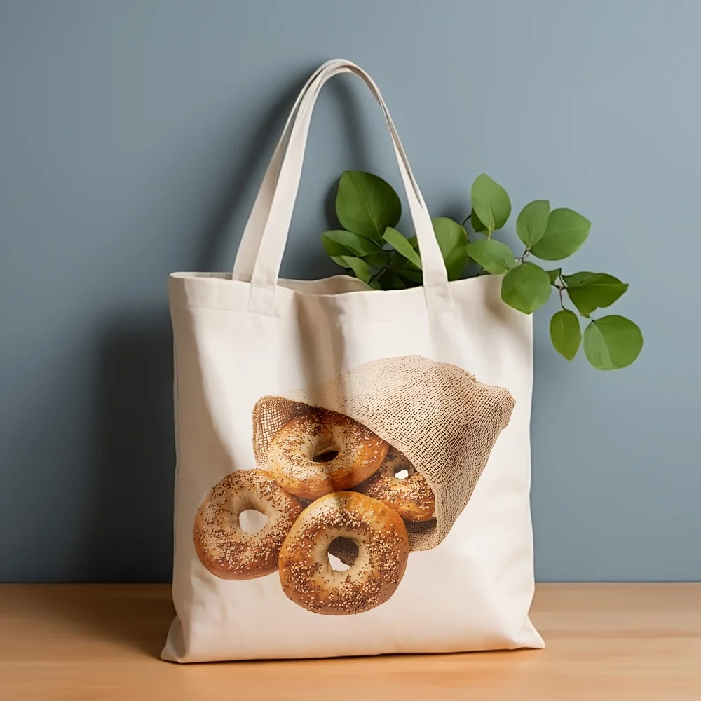 Bagel Lover Delight Reusable Canvas Tote Bag with Sesame Seed Bagel Design Leak Proof Grocery Bag for Daily Use Commuting