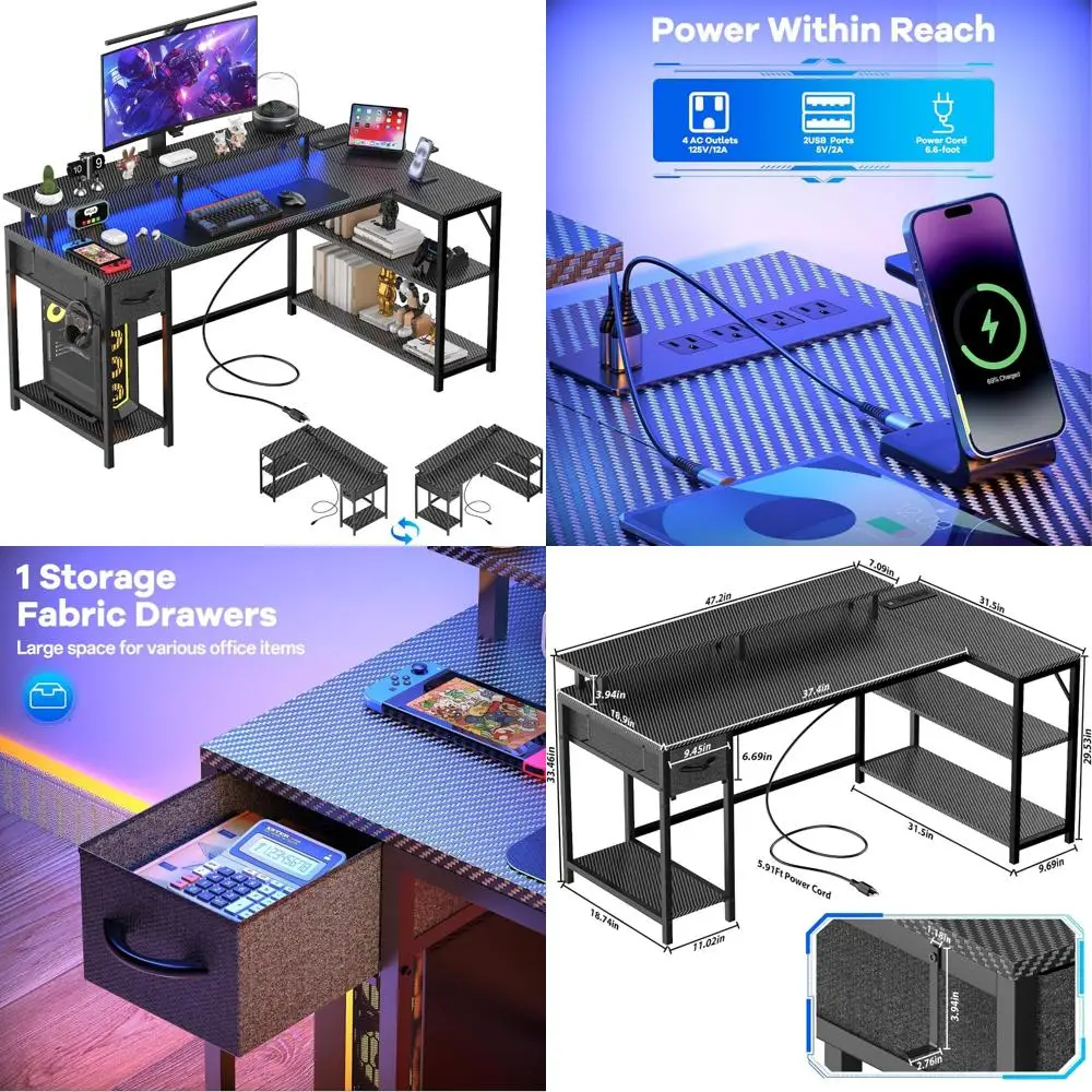 

LED-Illuminated L-Shaped Gaming Desk with Power Outlet, 47-inch Reversible Desk for Computer, CPU and Monitor Stands, Storage Dr
