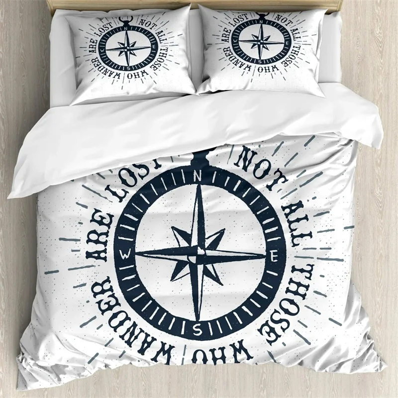 Duvet Cover Compass and Wind Rose Nautical Theme Voyage Words Decorative Bedding Blue White Room Decoration for Women Men Gifts