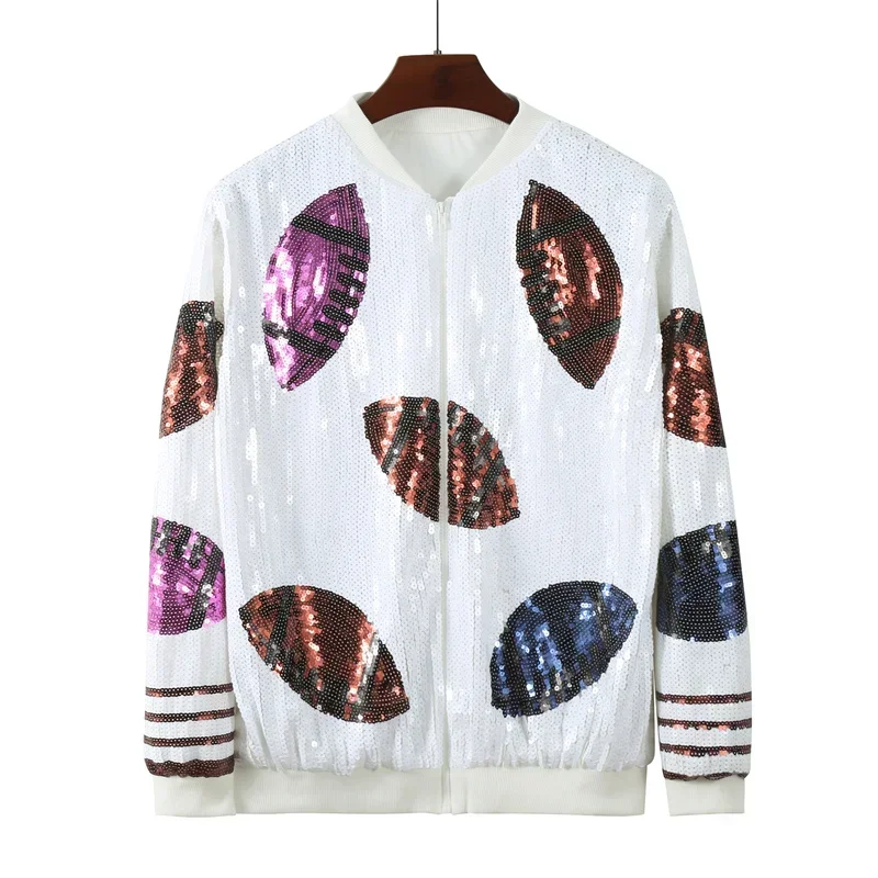 Autumn New Round Neck Patchwork Color Geometry Streetwear Hip Hop Coat Long Sleeve Sequins Night Club Loose Women Jacket