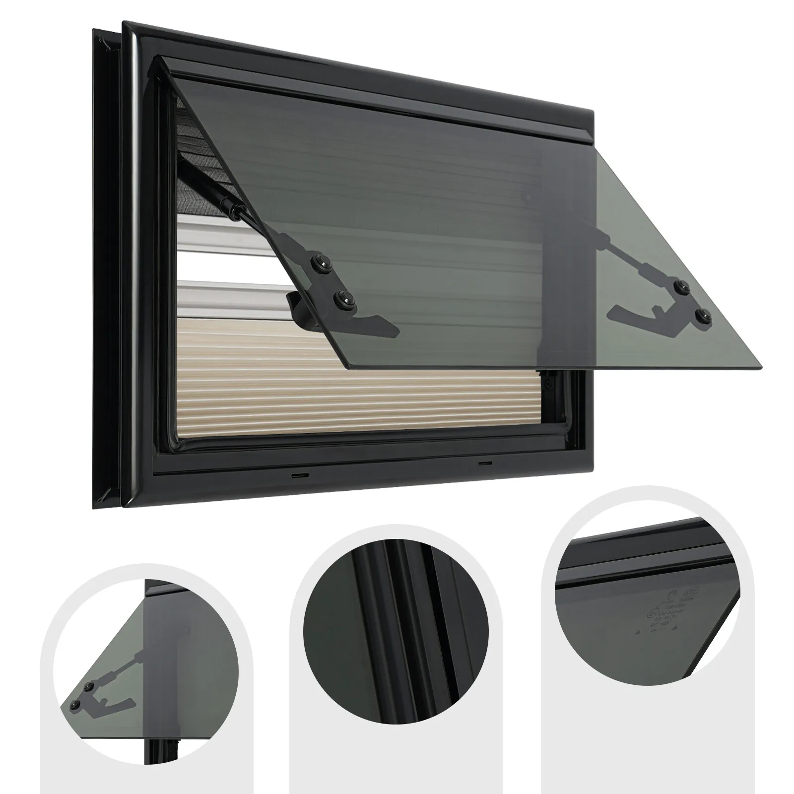 Wohnwagenfenster, Klappfenster, Camperfenster, Wohnmobilfenster, 85 °   Wohnwagenfenster mit Fliegengitter und integriertem Rollo, 50x30 cm