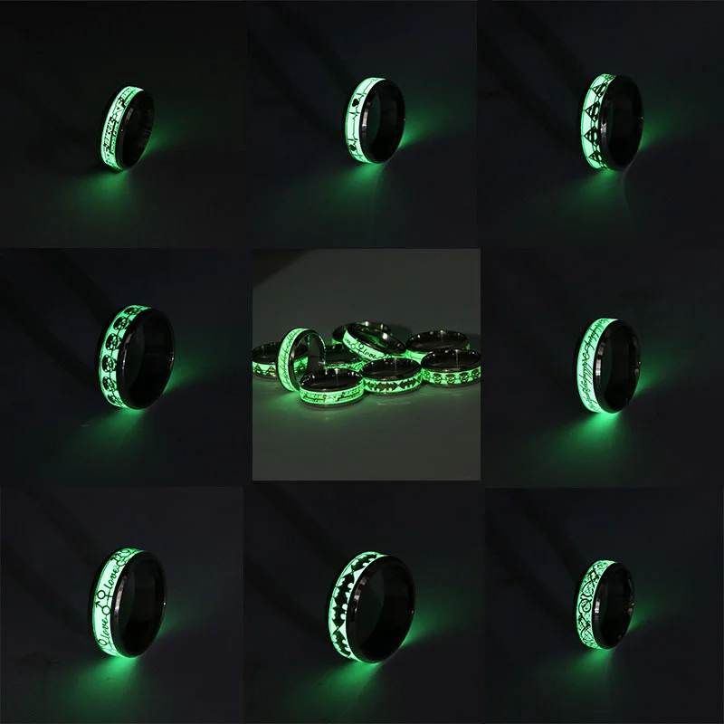 Bright luminous ring fashionable dark golden Rings for men glow dragon inlay green background  Stainless steel Fashion jewelry