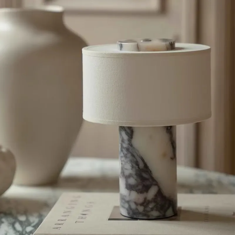 

Spanish Natural Marble Floor Lamps Study Office Living Room Bedroom Fabric Lampshade Art Decorative Atmosphere LED Table Lights
