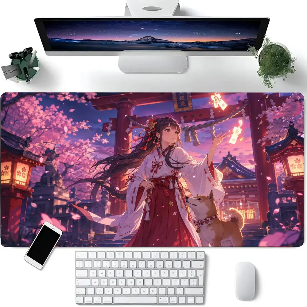 Pretty Anime Miko Shiba Inu Sunset Shrine Torii Gate Extended Mouse Pad, Anti Slip Rubber Base for Laptop PC Desk