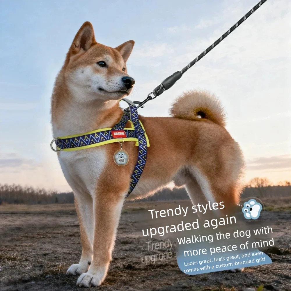 

New Saddle Dog Harness Leash Set Geometric Print Adjustable Reflective Pet Vest for Small Medium Dogs Walking Comfort