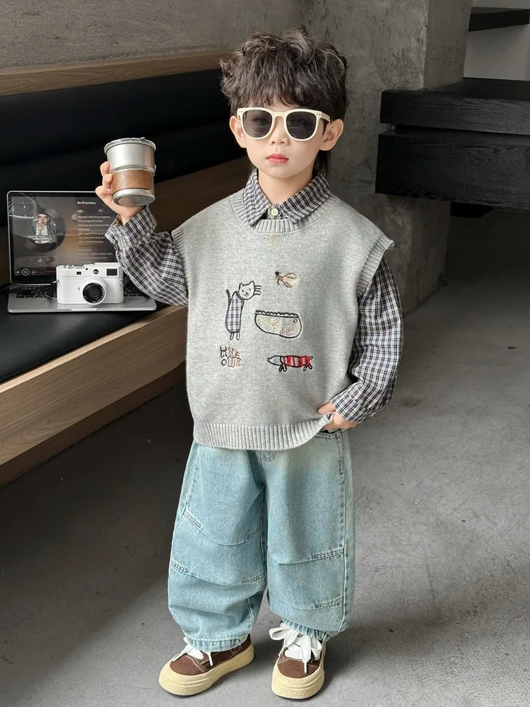 Korean Children Clothing Set Autumn New Boy's Knitted Vest+Plaid Shirt+Jeans Casual Boys 3 Piece Suit Fashion Teen Outfit 2-10Yr