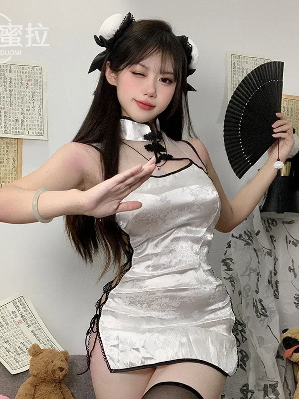 섹시한 Cheongsam 미니 드레스 메쉬 레이스 쉬어 매력적인 속옷 유니폼 투명 슬림 사이드 스트랩 드레스 우아한 탑