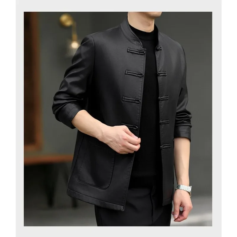 

Spring and Autumn Chinese-style Button-down Tang Suit Jackets Faux Leather Jackets Middle-aged Elderly Men Thin Sheepskin Jacket