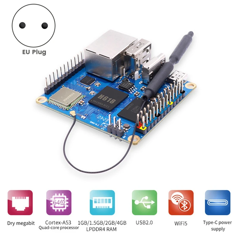 For Orange Pi Zero 3 Development Board 4GB RAM H618 Wifi5+BT 5.0 Gigabit LAN For Android 12 Debian12 Ubuntu22.04 Durable EU Plug