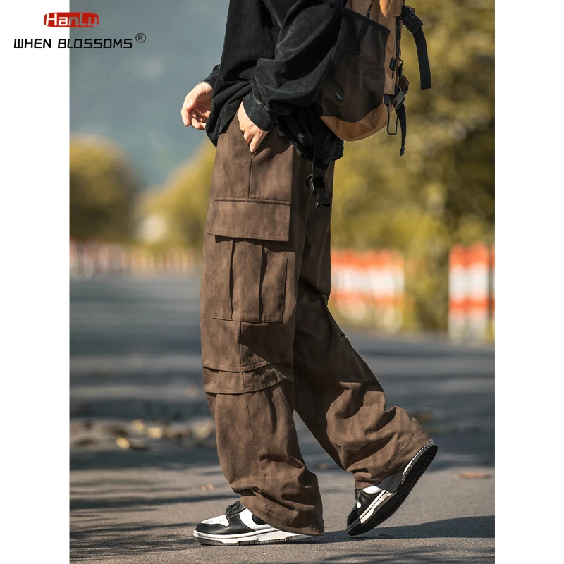 

HANLU Dirty dyeing to make old prints Classical Cotton Cargo Pants Men's Loose Fit Wide Leg Trousers Baggy Trousers Autumn New