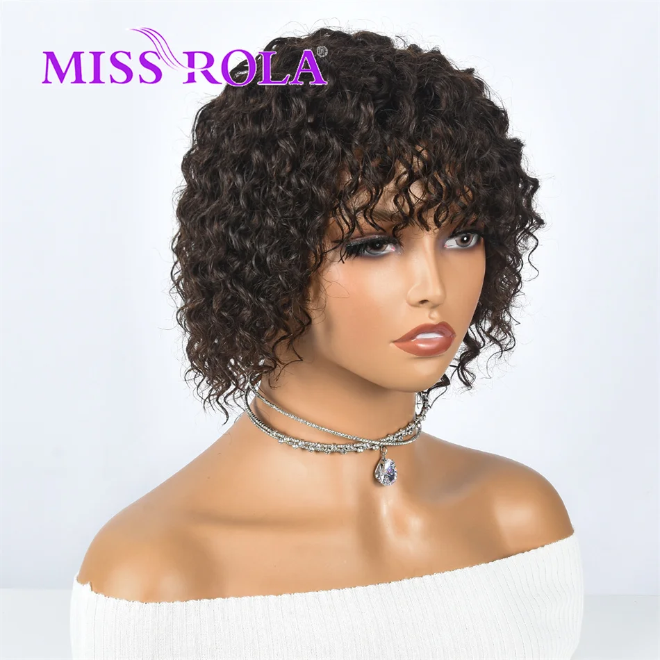 Miss Rola Machine Made Human Hair Wig With Bangs Dark Brown Pixie Cut Jerry Curly Hair Wigs Remy Hair Brazilian Short Hair Wig