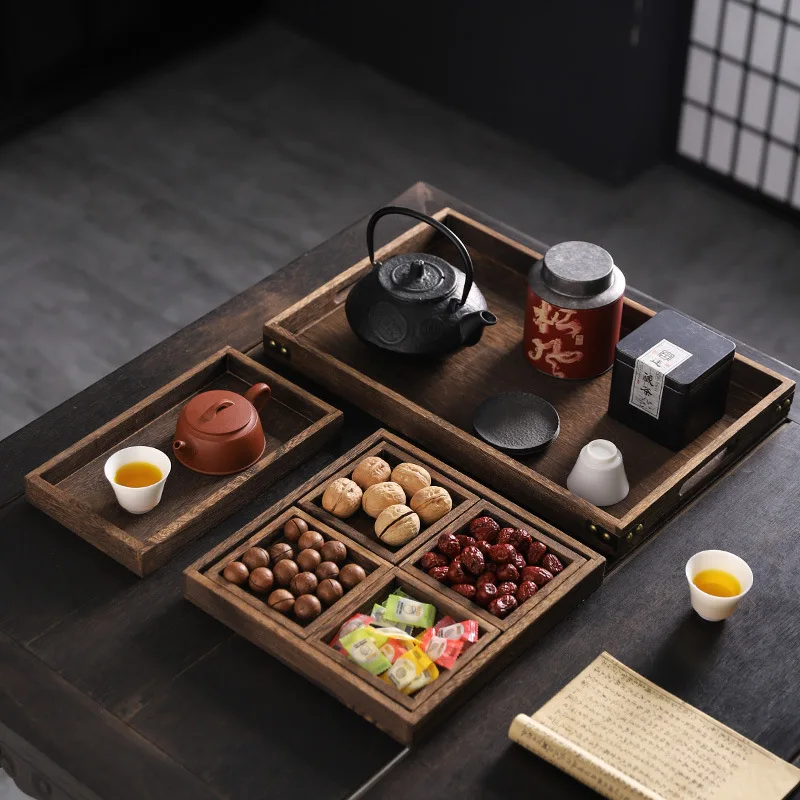 Chinese Style Carbonized  Wood Tea Tray Zen Tea Point Plate Furnace Tea Serving Tray Dry Fruit Storage Plate Divided Tea...