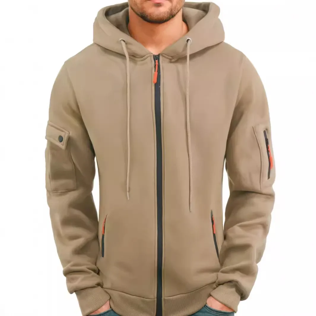 2025 Autumn and Winter Men's New outdoor Sports tooling wind leisure comfortable cardigan zipper solid color arm pocket hoodie