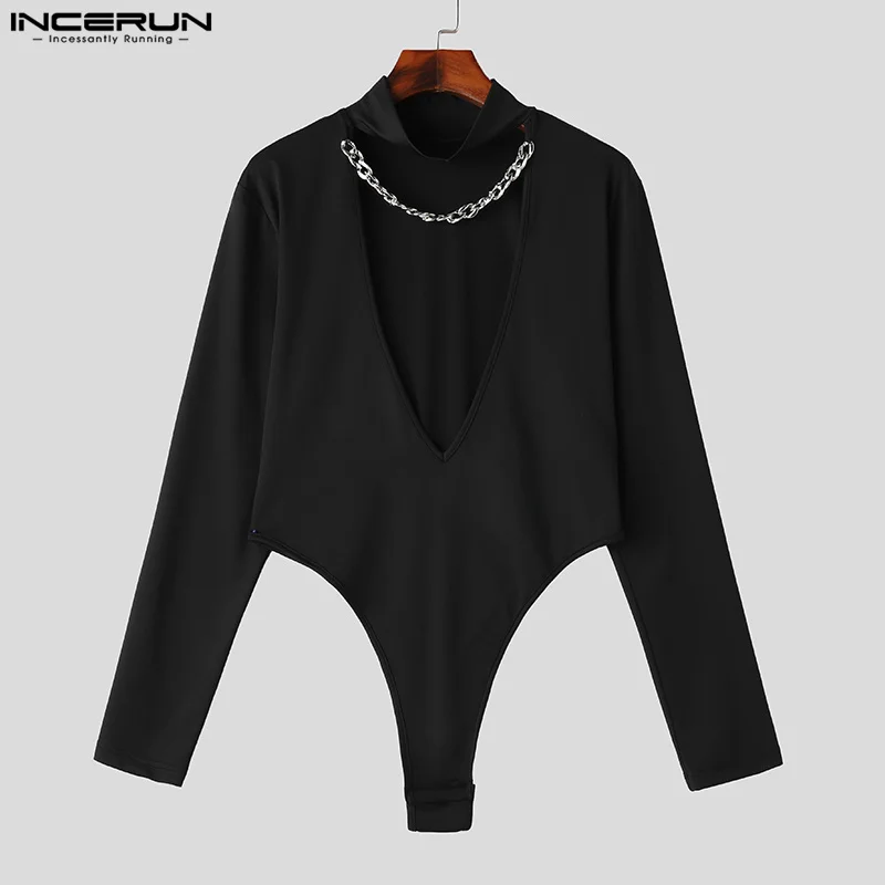 INCERUN 2024 Sexy Loungewear Men\'s Half High Neck Spliced Chain Deep V Jumpsuits Male Solid Long Sleeve Triangle Bodysuits S-5XL