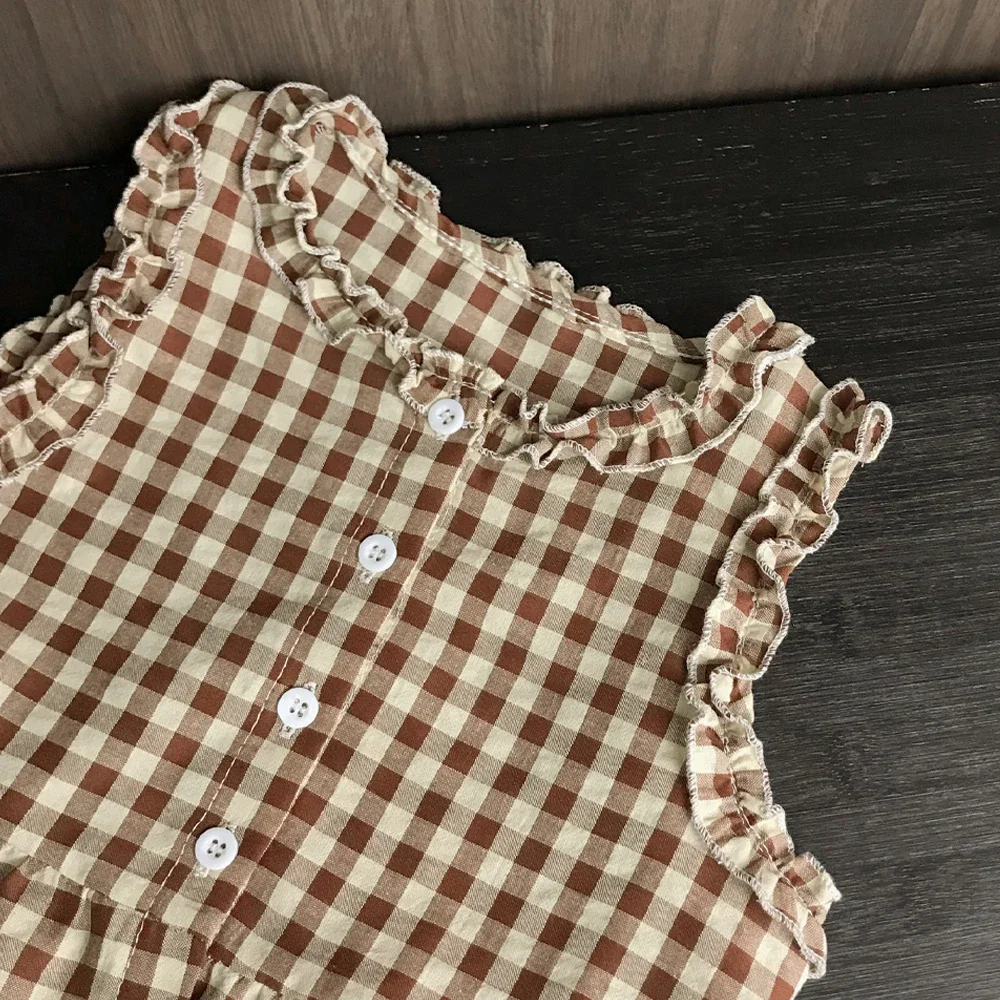 Freizeitanzug für Mädchen und Teenager im Alter von 2-10 Jahren mit kariertem Spitzenoberteil und Hose, zweiteiliges Set, koreanische Version – Detail 4