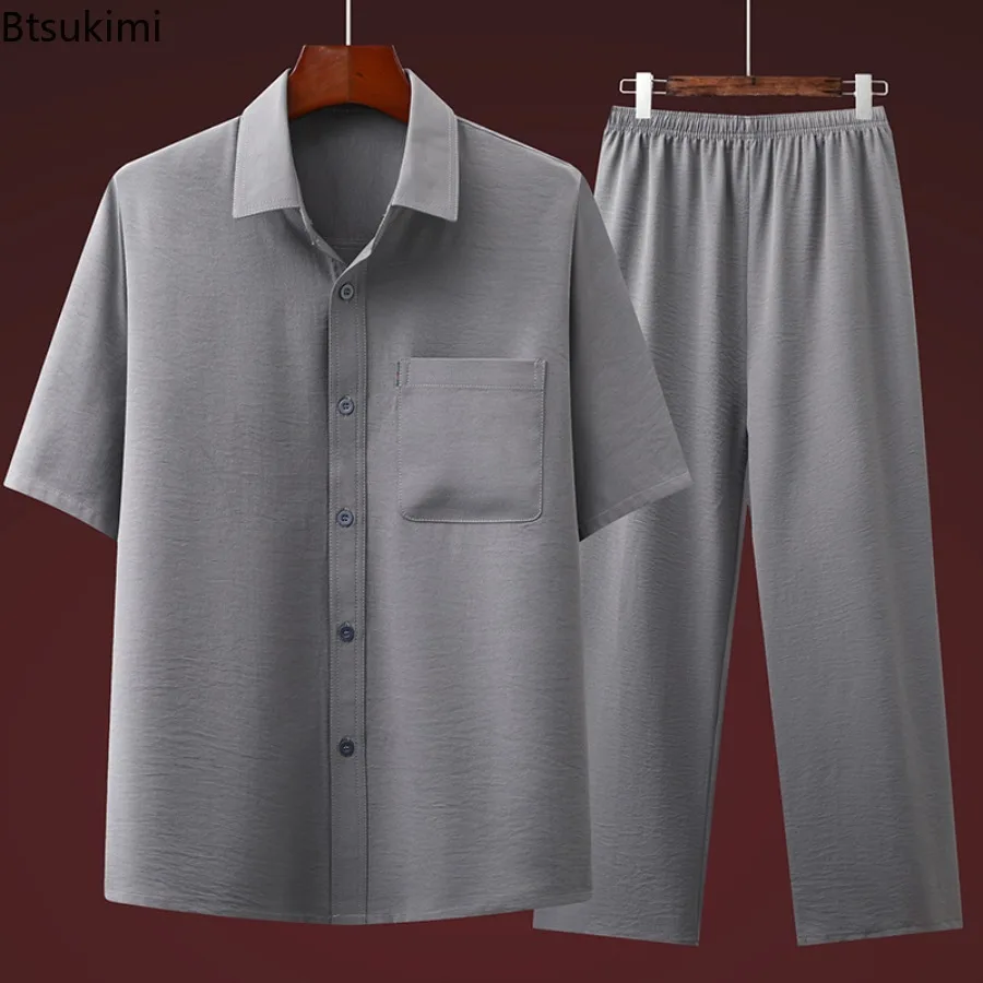 2026 Summer Men's Ice Silk Casual Suits Vintage Loose Short-sleeved Shirs+Pants 2-pieces Middle-aged and Old Dad All Match Sets