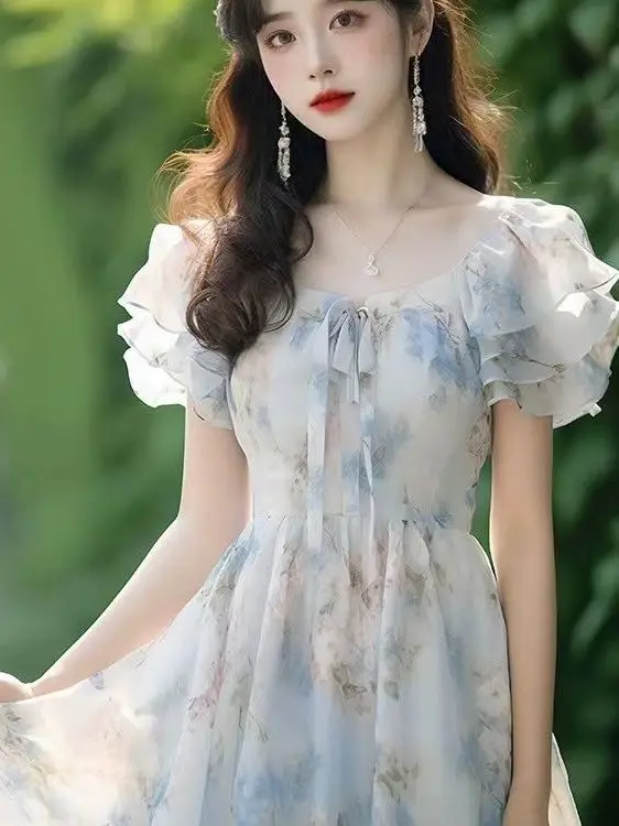 Elegant Floral Print Summer Dress Women's High Waist Princesse Style Short Sleeve round Neck Casual Breathable Polyester Fabric