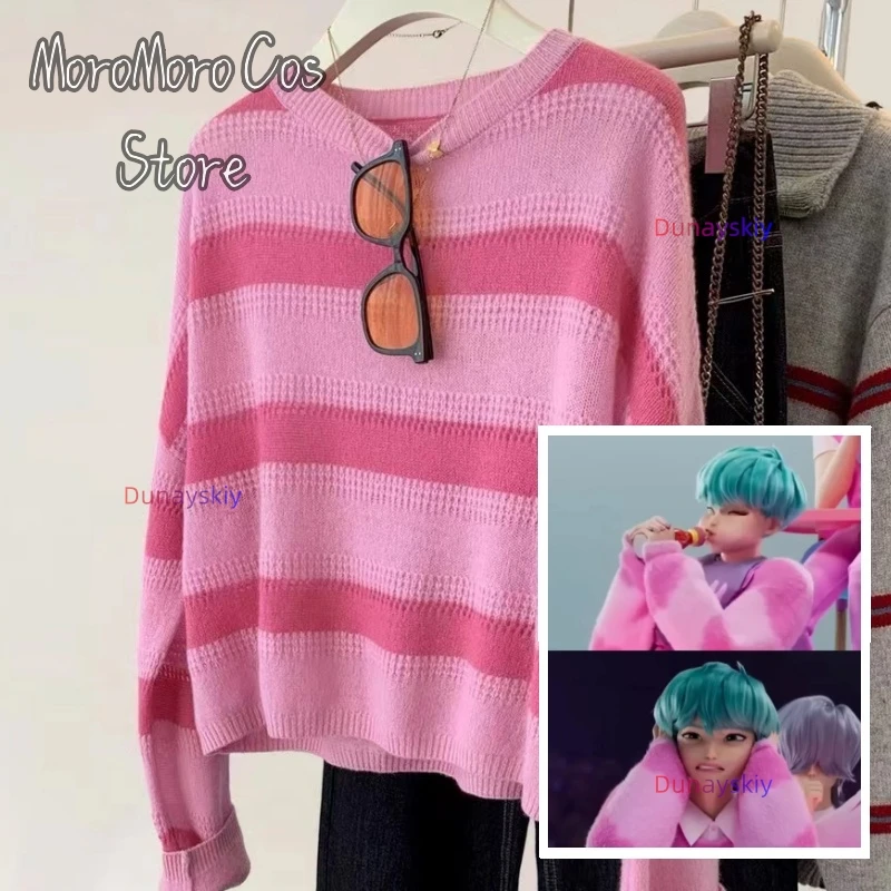 

Stripe Knitted Sweater Movie Hunters Saja Boys Gugu Gaga Baby Cosplay Costume Unisex Pink Lace Striped Knit Top Clothe Halloween