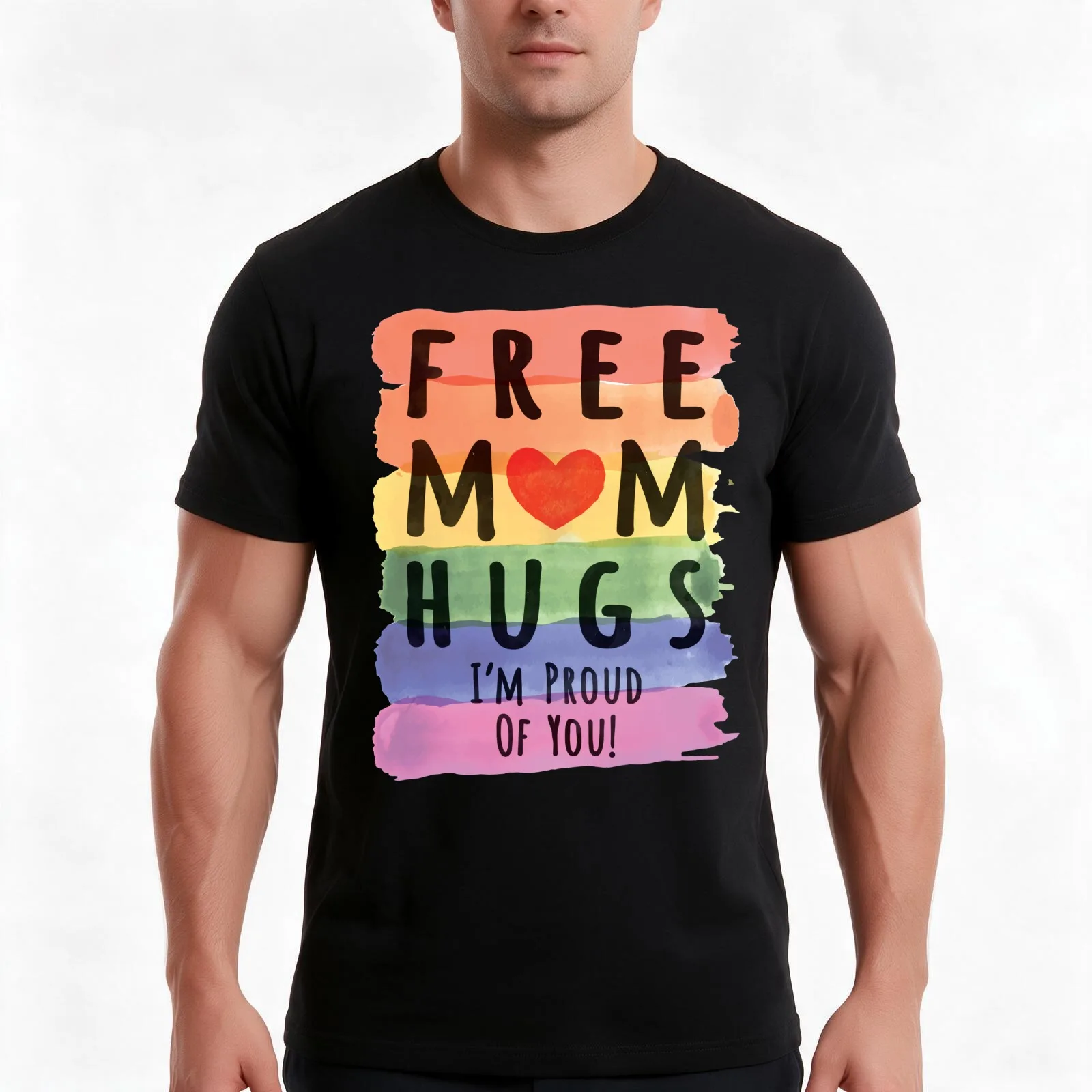Free Mom Hugs LGBTQ+ Pride (Rectangle) T-Shirt, Summer Casual Cotton Tee, Oversized Streetwear Tops, Vintage Graphic Print