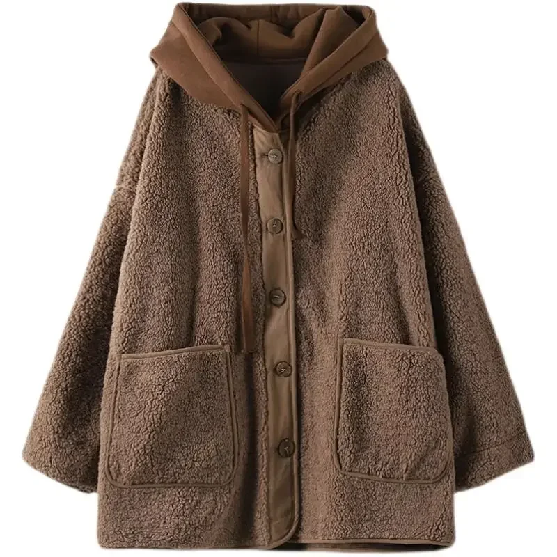 Lamb Wool Fleece Hooded Cotton-padded Jacket Coat Autumn Winter Women Clothes Patchwork Oversize Warm Fake Two Pieces Sweatshirt