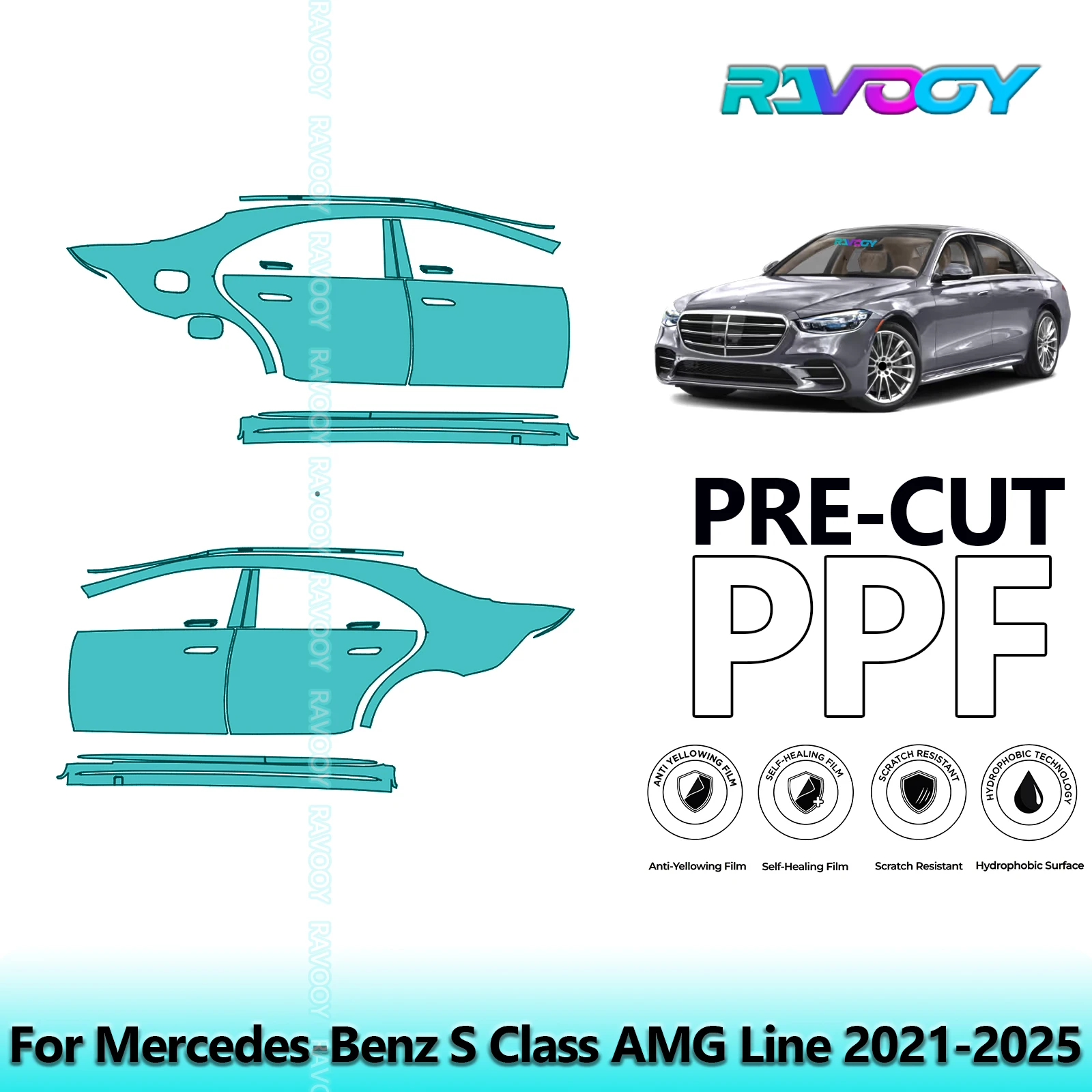 

For Mercedes-Benz S Class AMG Line 2021-2025 8.5mil Clear Matte Pre-Cut PPF Door & A/B Pillar Kit TPU Paint Protection Film Set