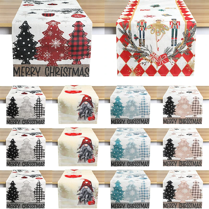 

33cm*180cm Merry Christmas Linen Table Runners Snowflakes Gnome Pine Trees Kitchen Dining Tablecloth New Year Decorations 2025