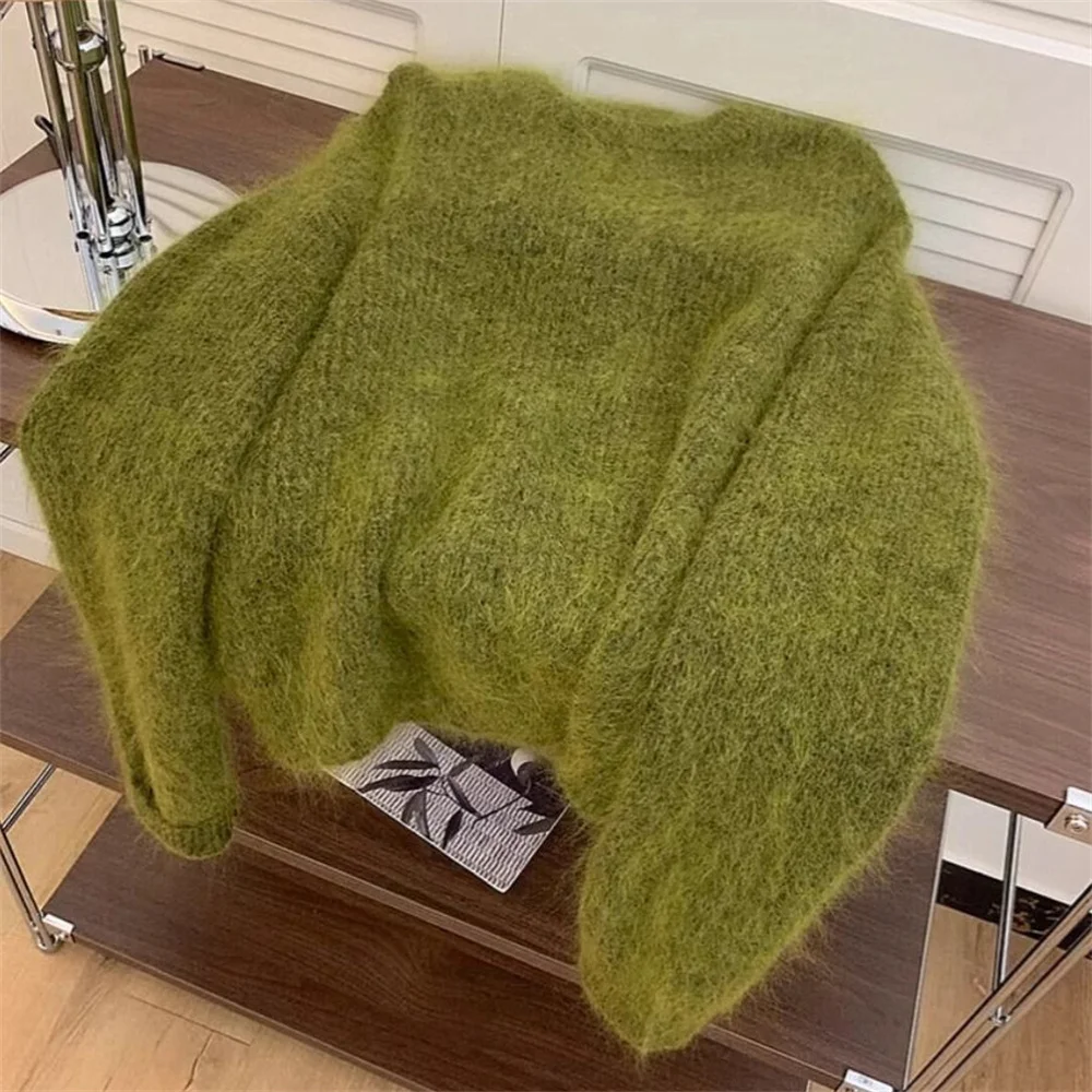 

Women's Fashion Simple Casual Green Soft All Match Knitted Sweater Female O Neck Long Sleeve Loose Pullover Tops Sweaters Winter