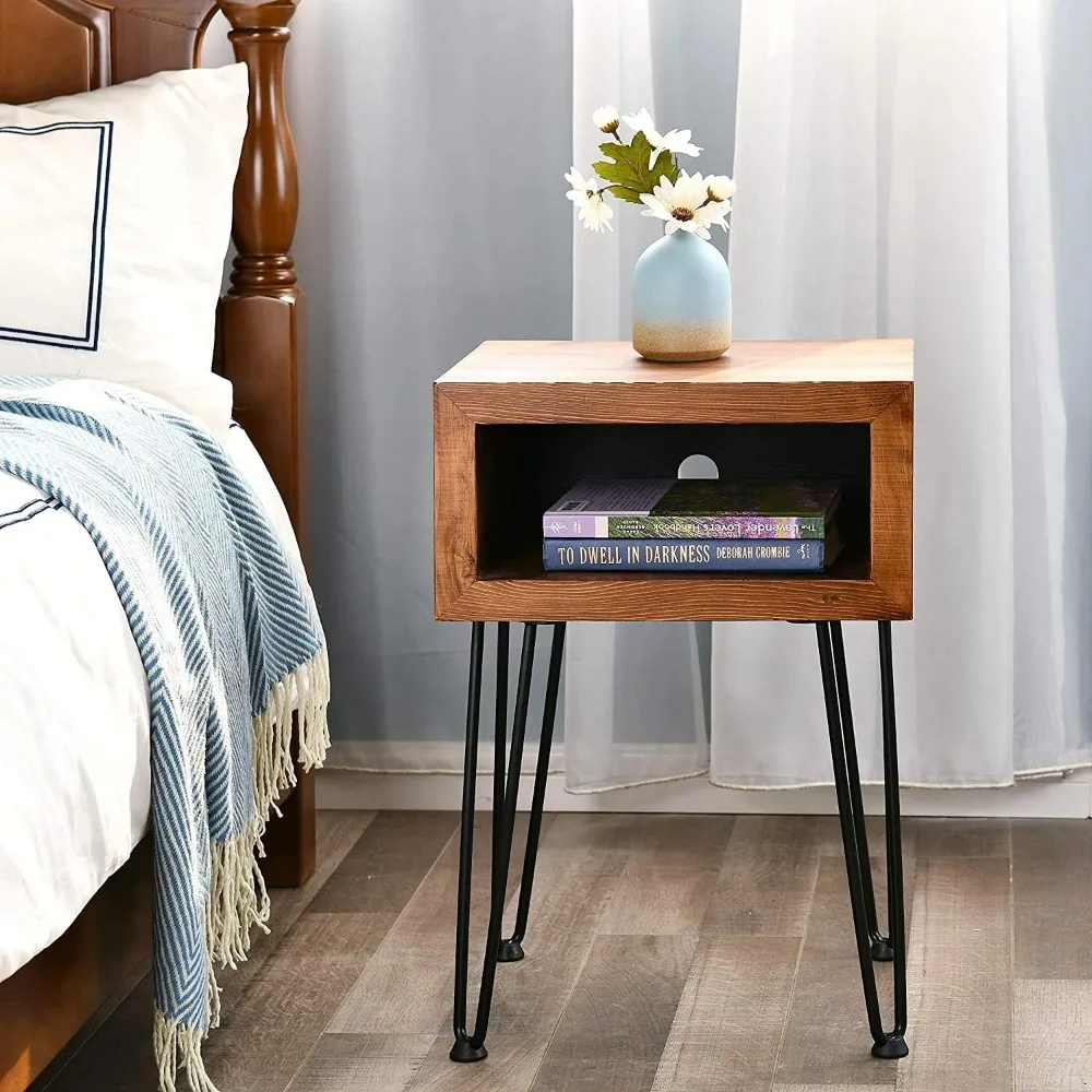 

Bedroom Bedside Table Solid Pine Wood Nightstand Edge End Side Coffee Table With Metal-Leg