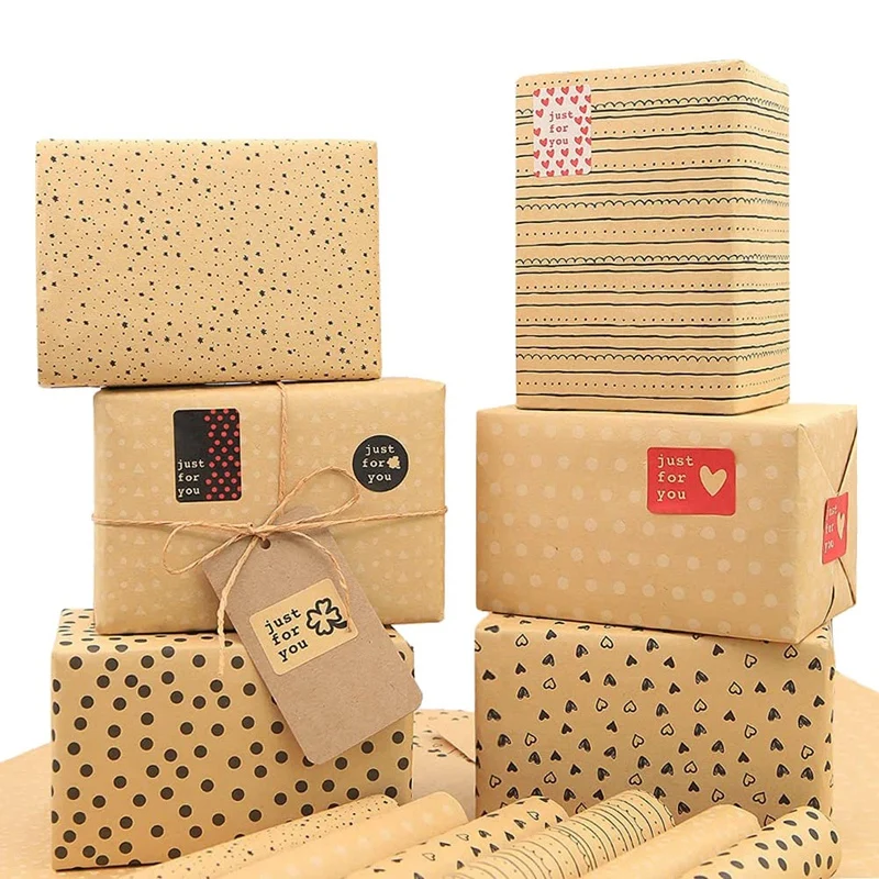 Kraft Gift Wrapping Paper,Birthday Wrapping Paper,6 Sheets Kraft Brown Wrapping Paper With Tags Jute Strings And Sticker