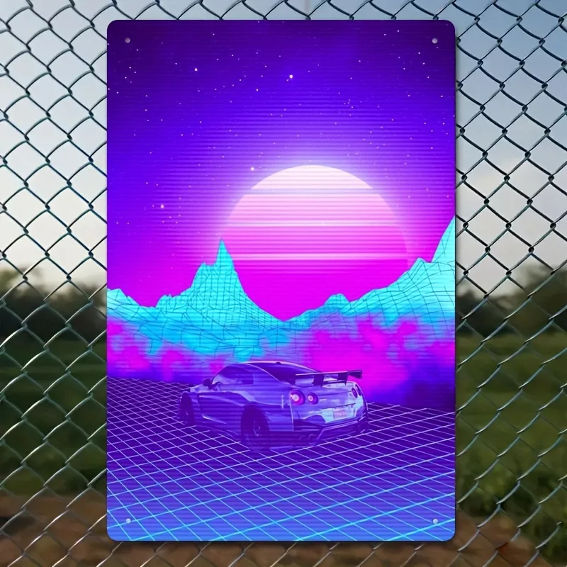 Retro Metal Tinplate Wall Art - Vintage Sports Car Neon Mountain Night Scene Painting, Iron Sign for Home Bar Cafe Garage Decor,
